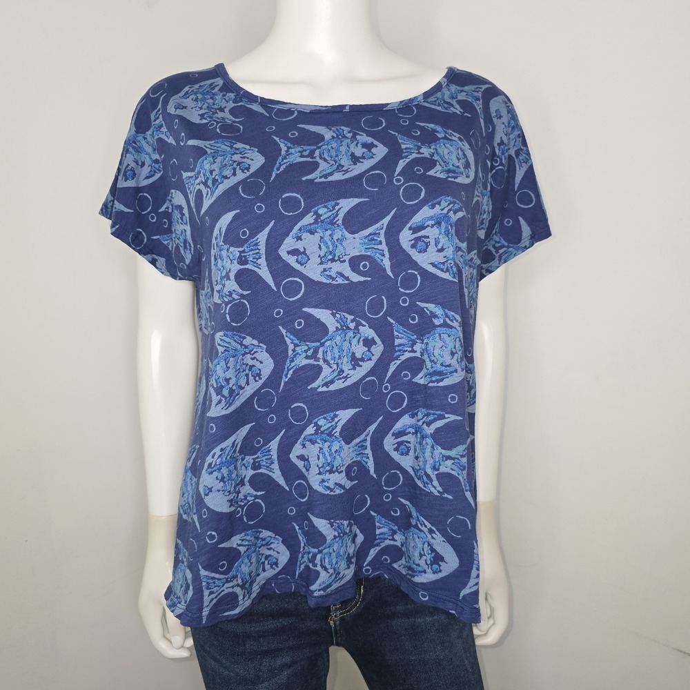 Fresh Produce Fish Print T-Shirt Womens One Size Blue Cotton Boxy Scoop Neck Tee